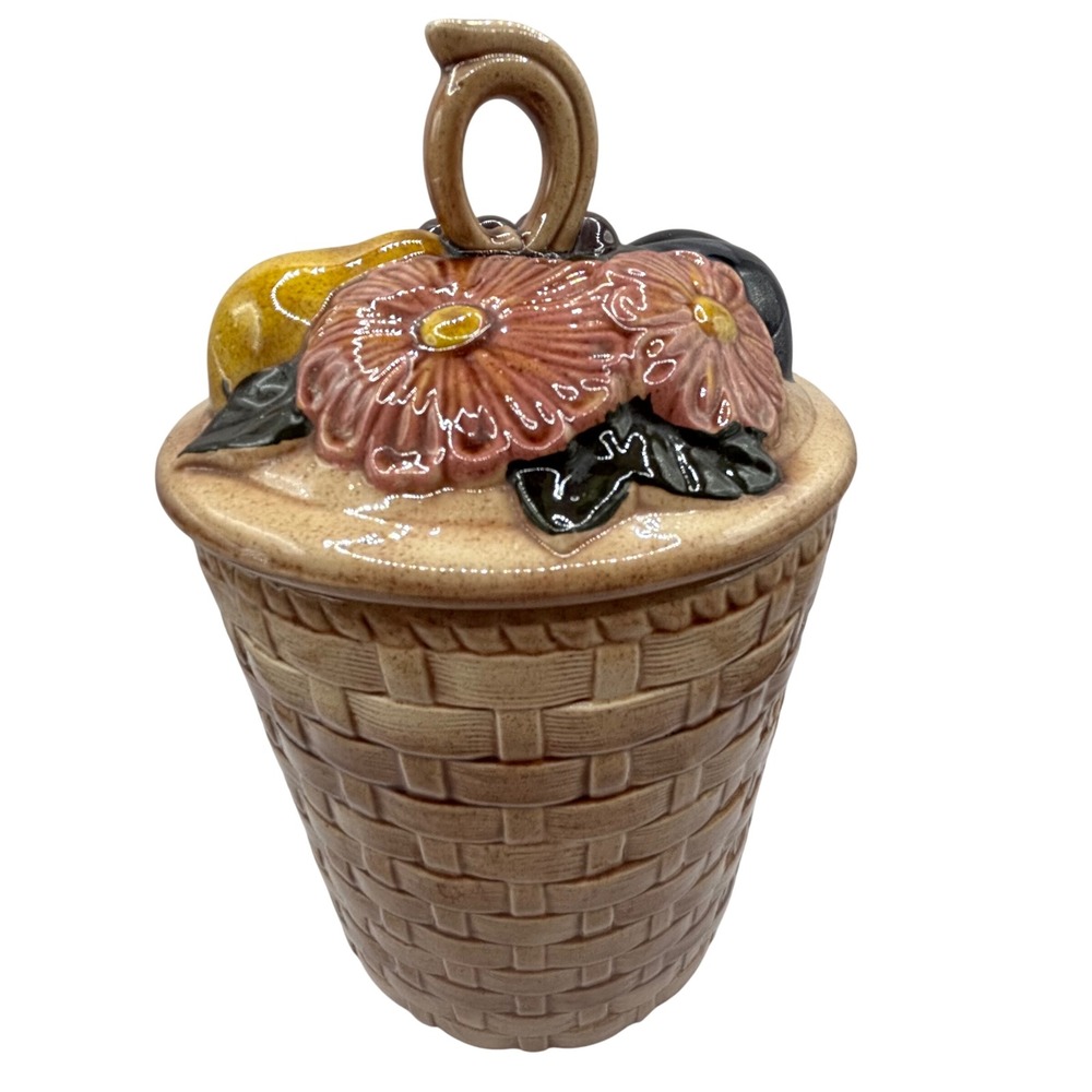 Vintage Ceramic Hand Painted Basketweave Canister with 3D Fruit Floral Lid